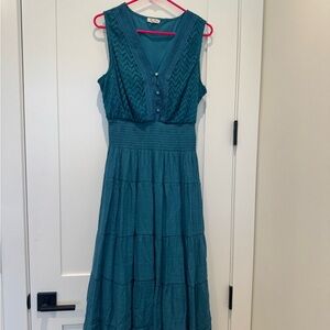 Sleeveless Teal Turquoise Knit-Top Tiered Maxi Dress with Cinched waist, Lined